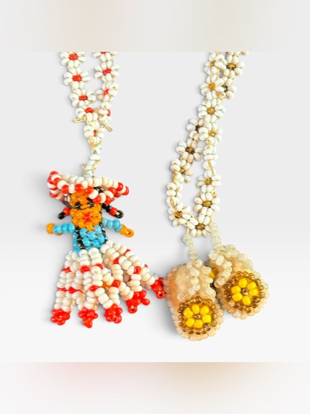 Vintage Seed Bead Figural 3D Doll Daisy Chain Necklace & Charms